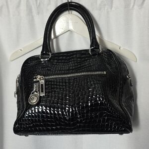 Michael Korrs Black Crocodile-Embossed Patent Leather Handbag